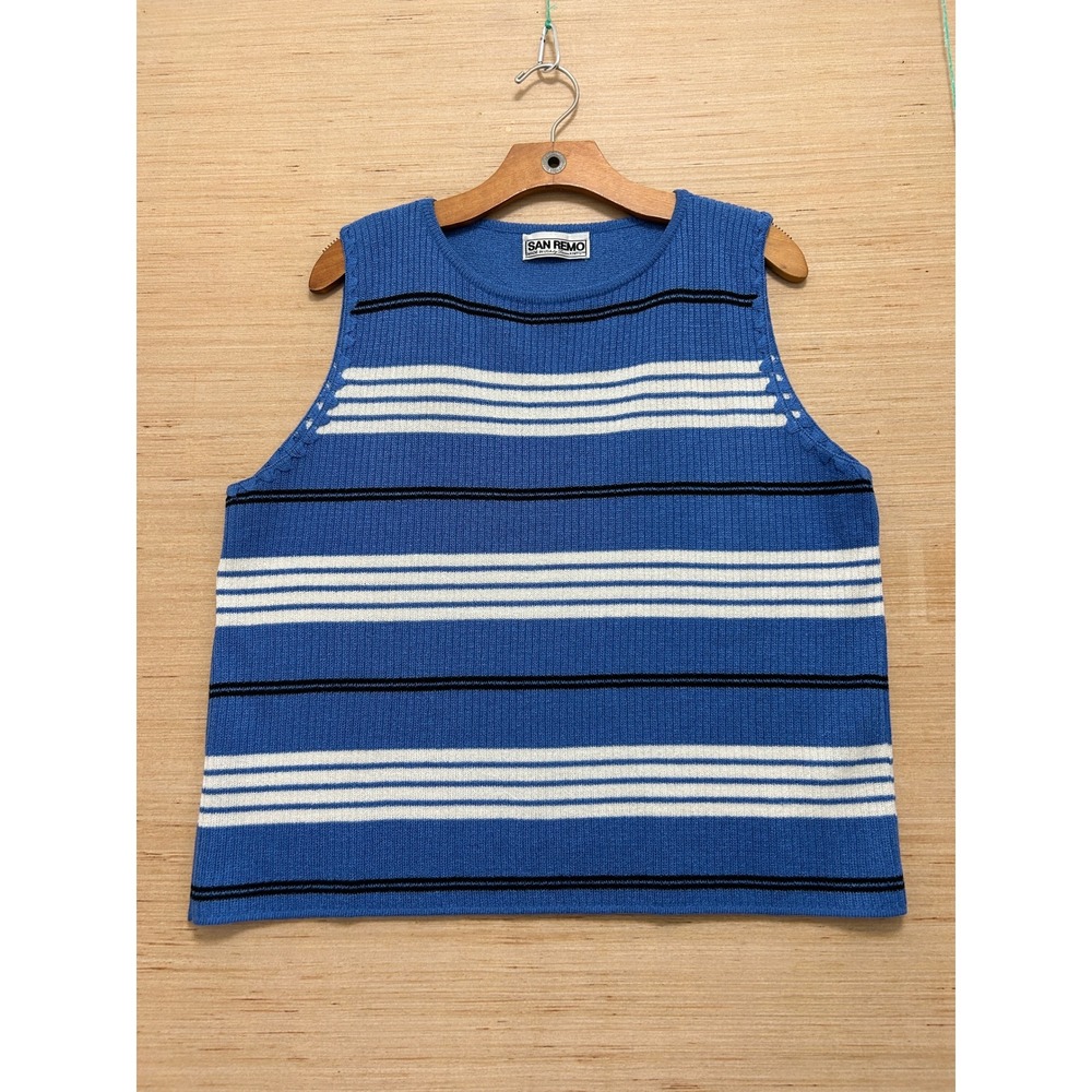 Vintage San Remo Striped Sleeveless Knit Top XL‎ Blue White Ribbed Made in USA